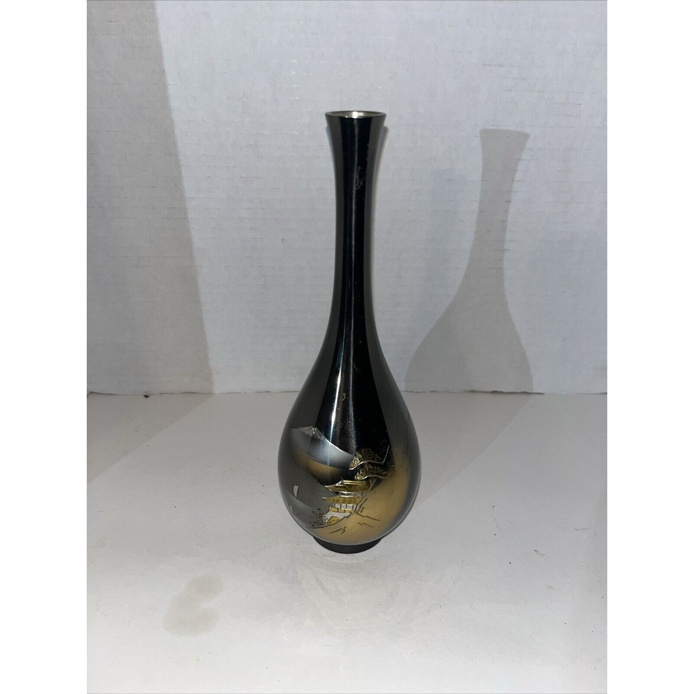 Vintage Japanese Etched Metal/Gold  9" vase mountain‎ etched.